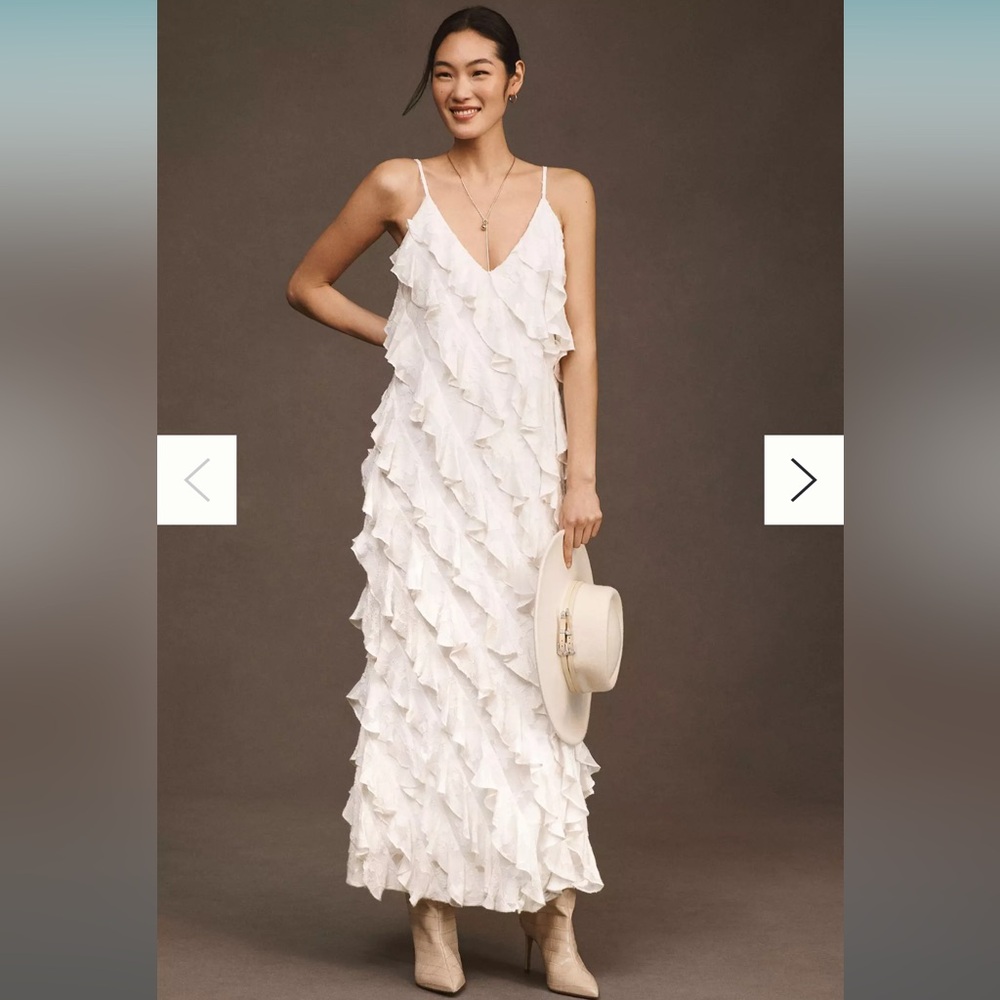 BHLDN Jia Bias-Cut Ruffled V-Neck Gown